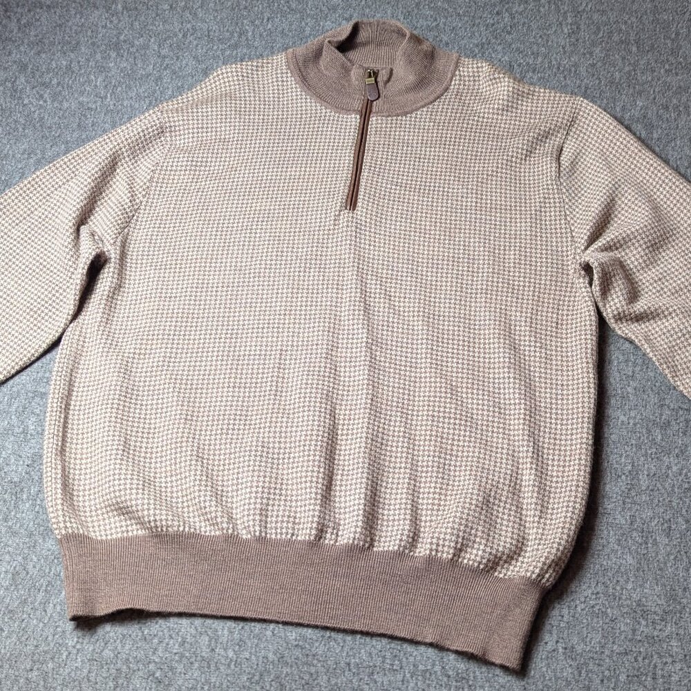 Orvis 100% Merino Wool 1/4 Zip Brown Sweater Mens XLarge Houndstooth